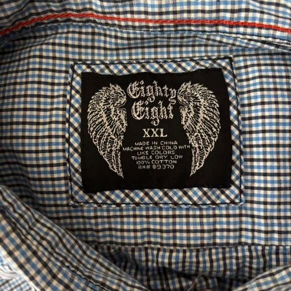 Eighty Eight Button Up Roll Tab Sleeve Shirt XXL Blue Black Checkered Pockets - Picture 6 of 6